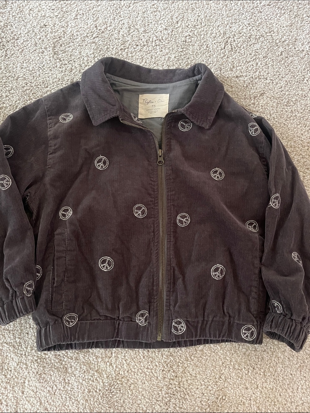 Rylee + Cru Dark Charcoal Corduroy Zip Jacket with Embroidered Peace Signs